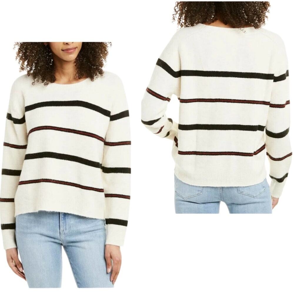 Frame NWOT Alpaca Wool Blend Beige Pull Over Sweater Top Striped Red Black Sz XL - Picture 2 of 9